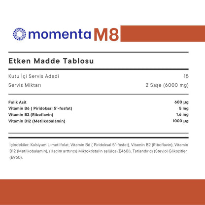 Momenta M8 | Folik Asit, B6, B2, B12 | Sinir Sistemi ve Nörotransmitter Desteği Vitamin Kompleksi-15 Gün 30 Saşe